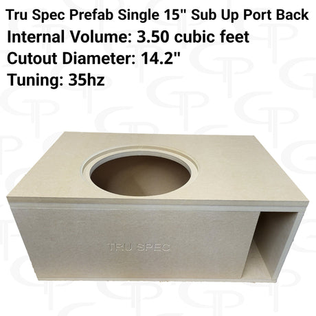 TRU SPEC single-15-inch enclosure graphic with a top cutout, rear port and printed 3.50-cubic-foot volume and 35 Hz tuning