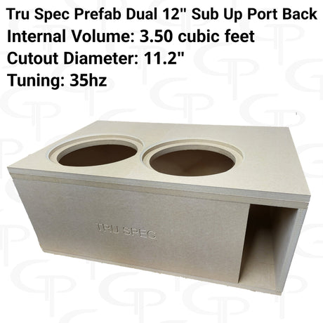 Angled TRU SPEC dual-12-inch enclosure graphic with two top cutouts, rear port and printed specifications