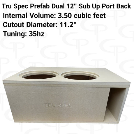 TRU SPEC dual-12-inch enclosure graphic showing two top cutouts, a rear port and printed volume, cutout and tuning specifications