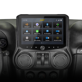 Stinger touchscreen installed above round dashboard vents, showing radio, media, navigation and settings icons
