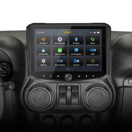 Stinger touchscreen installed above round dashboard vents, showing radio, media, navigation and settings icons