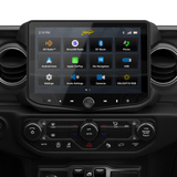 Stinger touchscreen installed between round dashboard vents above the climate controls, displaying its source-selection menu
