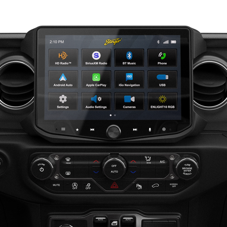 Stinger touchscreen installed between round dashboard vents above the climate controls, displaying its source-selection menu