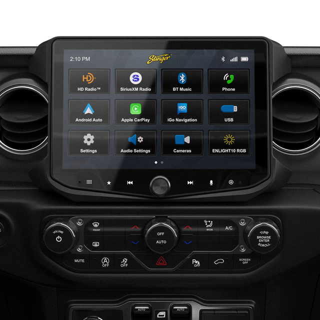Stinger touchscreen installed between round dashboard vents above the climate controls, displaying its source-selection menu