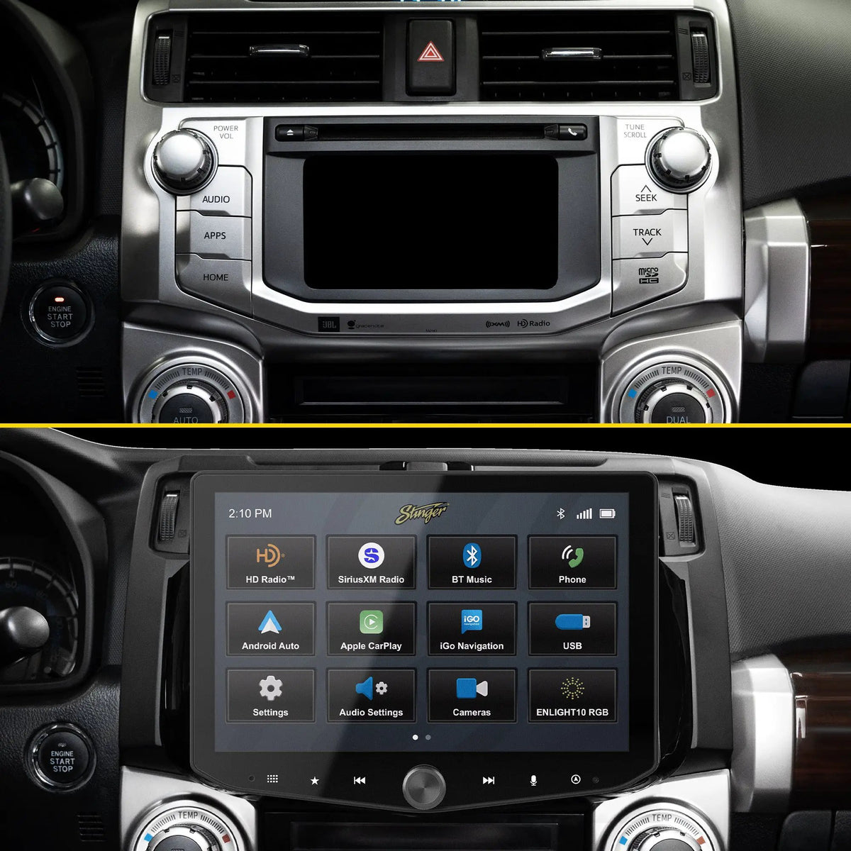 Before-and-after dashboard comparison showing the factory radio replaced by a larger Stinger touchscreen