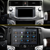 Before-and-after dashboard comparison showing the factory radio replaced by a larger Stinger touchscreen