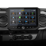 Stinger touchscreen installed between round dashboard vents, displaying radio, media, navigation and settings icons