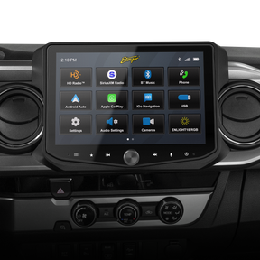 Stinger touchscreen installed between round dashboard vents, displaying radio, media, navigation and settings icons