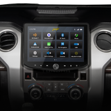 Stinger touchscreen installed above the dashboard climate controls, displaying its source-selection menu