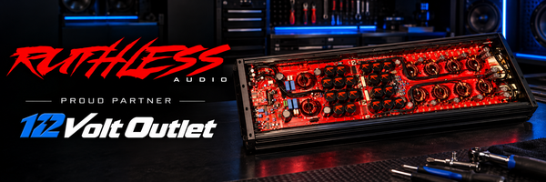 Ruthless Audio amplifier with visible internal circuitry and 12 Volt Outlet proud partner branding