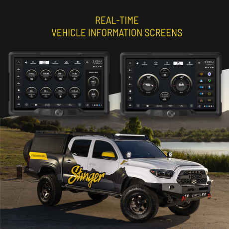 Stinger vehicle-information graphic showing engine gauges and pitch-and-roll screens above a branded Toyota pickup