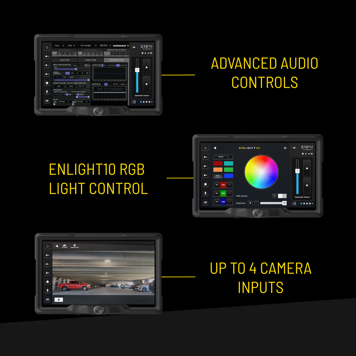 Stinger feature graphic showing advanced audio controls, ENLIGHT10 RGB lighting control and support for up to four camera inputs