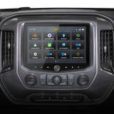 Stinger touchscreen radio installed in a vehicle dashboard, showing the home-screen menu
