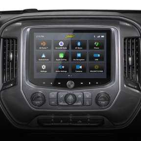 Stinger touchscreen radio installed in a vehicle dashboard, showing the home-screen menu