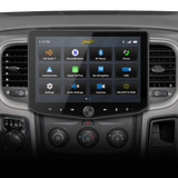 Dashboard-mounted Stinger touchscreen displaying radio, media, navigation, camera and settings icons