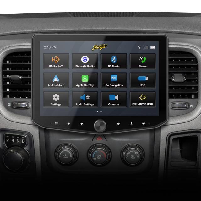Dashboard-mounted Stinger touchscreen displaying radio, media, navigation, camera and settings icons
