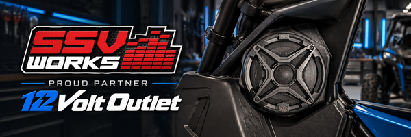 SSV Works speaker pod in a side-by-side cabin with 12 Volt Outlet proud partner branding