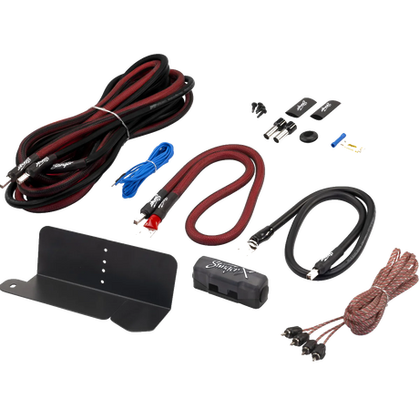Collection of car audio components including cables and connectors on a white background