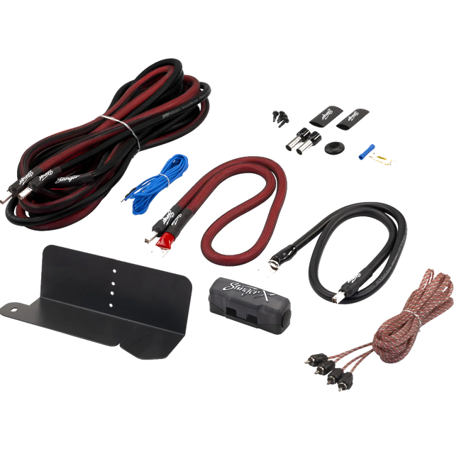 Collection of car audio components including cables and connectors on a white background