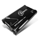 Angled Timpano amplifier labeled TPT-10500EQ 1 Ohm, showing its black top panel and connector end