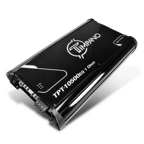 Angled Timpano amplifier labeled TPT-10500EQ 1 Ohm, showing its black top panel and connector end
