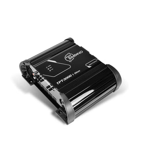 Angled Timpano amplifier with a black finned housing labeled TPT-3000 1 Ohm