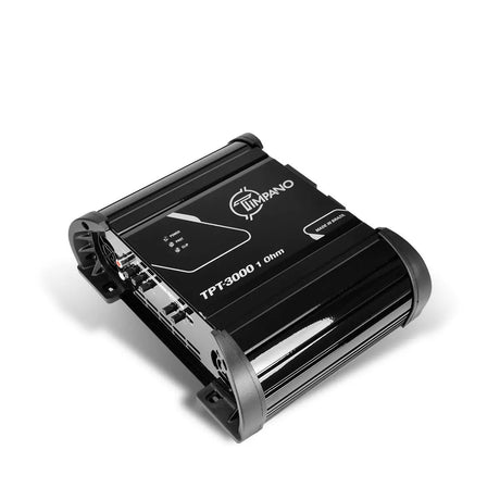 Angled Timpano amplifier with a black finned housing labeled TPT-3000 1 Ohm