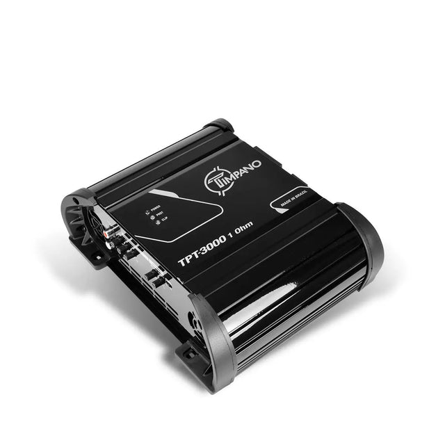 Angled Timpano amplifier with a black finned housing labeled TPT-3000 1 Ohm