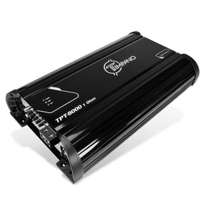 Angled Timpano amplifier with a long black finned housing labeled TPT-8000 1 Ohm