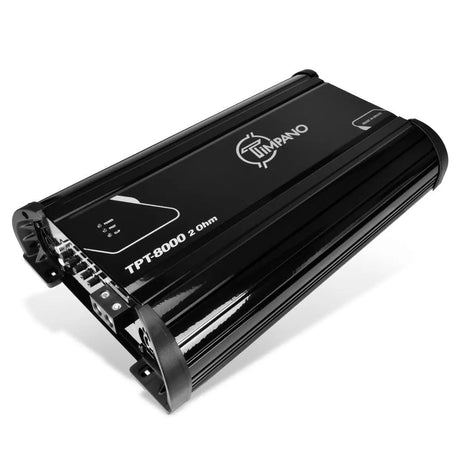 Angled Timpano amplifier labeled TPT-8000 2 Ohm, with its input and control end visible