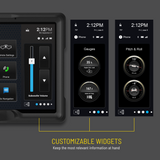 Stinger customizable-widget graphic showing subwoofer volume, engine-load and intake-temperature gauges, and pitch-and-roll indicators