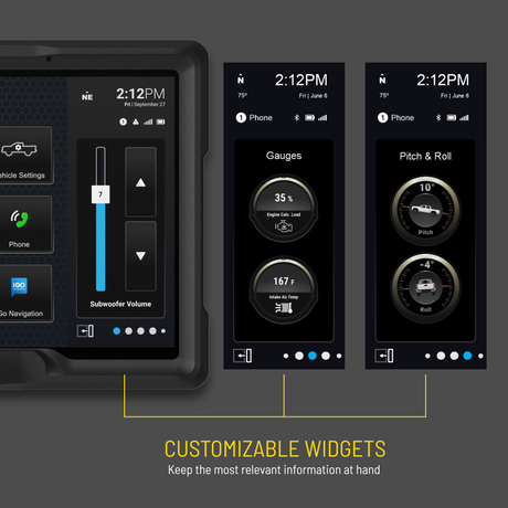 Stinger customizable-widget graphic showing subwoofer volume, engine-load and intake-temperature gauges, and pitch-and-roll indicators