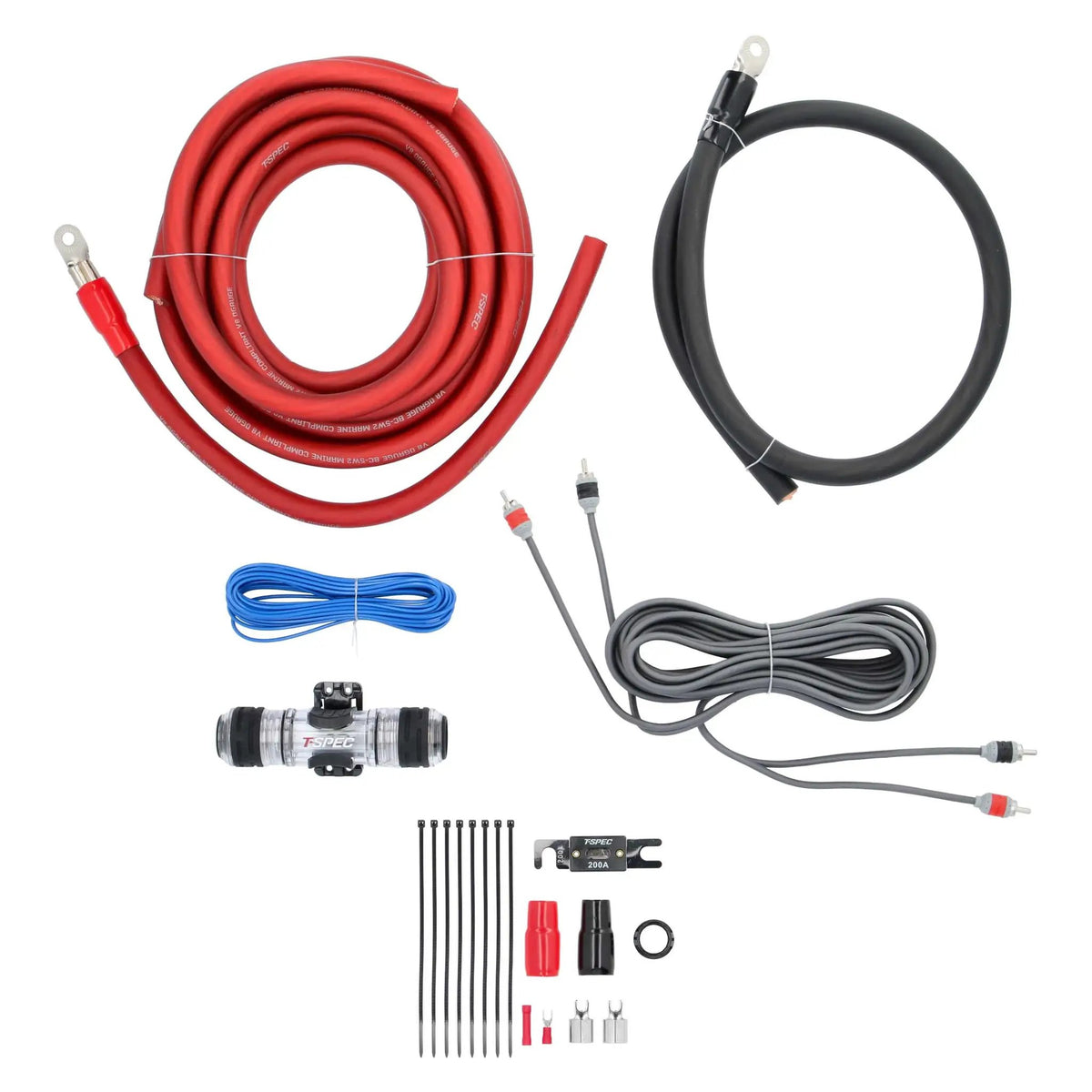 Amplifier wiring kit with red and black power cables, RCA leads, fuse holder, connectors and cable ties