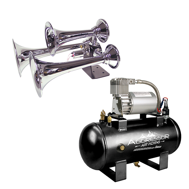 Aggressor air-horn kit with three chrome-colored horns, a black tank and compressor