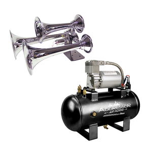Aggressor air-horn kit with three chrome-colored horns, a black tank and compressor