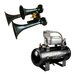 Aggressor air-horn kit with three black horns, a black tank and compressor