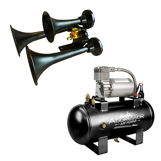 Aggressor air-horn kit with three black horns, a black tank and compressor
