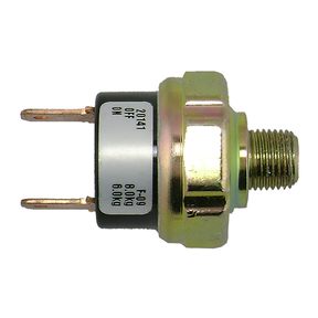 Threaded pressure switch with a hexagonal metal body, two flat terminals and a printed on-off label