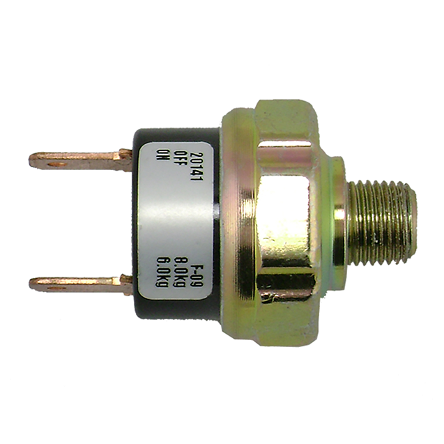 Threaded pressure switch with a hexagonal metal body, two flat terminals and a printed on-off label