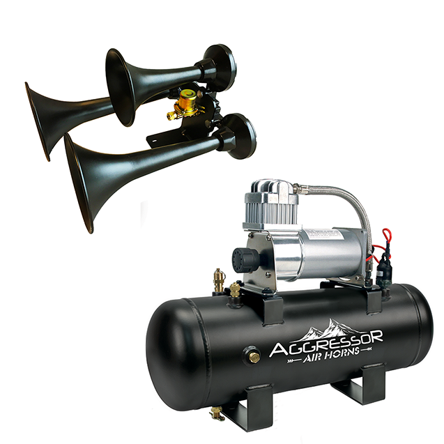 Aggressor air-horn kit with three black horns, a black tank and compressor