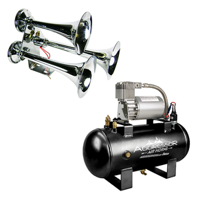 Train horn kit with three separate chrome horns, a black air tank and compressor