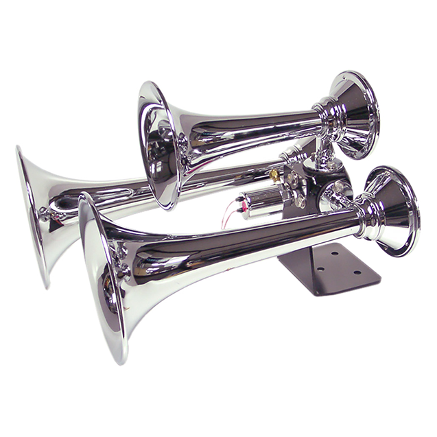Three chrome-colored trumpet horns on a mounting base