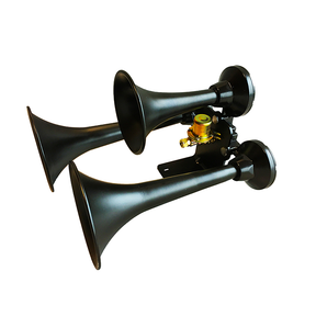 Three black trumpet horns on a shared mounting bracket with a brass-colored valve