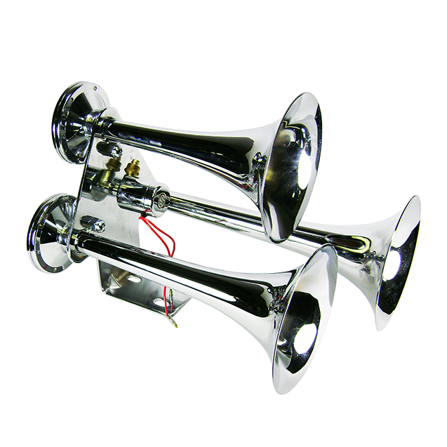 Three polished chrome trumpet horns with a shared mounting bracket and red valve wires