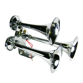 Three polished chrome trumpet horns with a shared mounting bracket and red valve wires