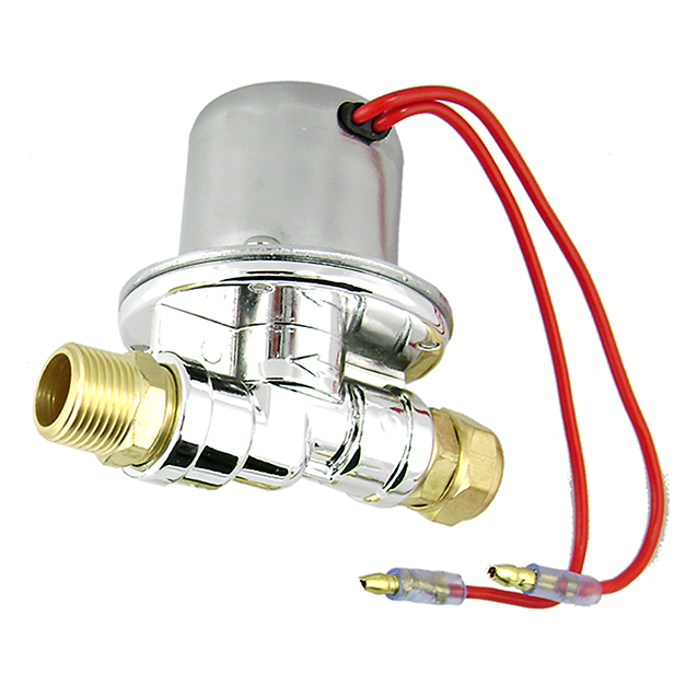 Chrome-finished electric horn valve with brass threaded fittings and two red wires