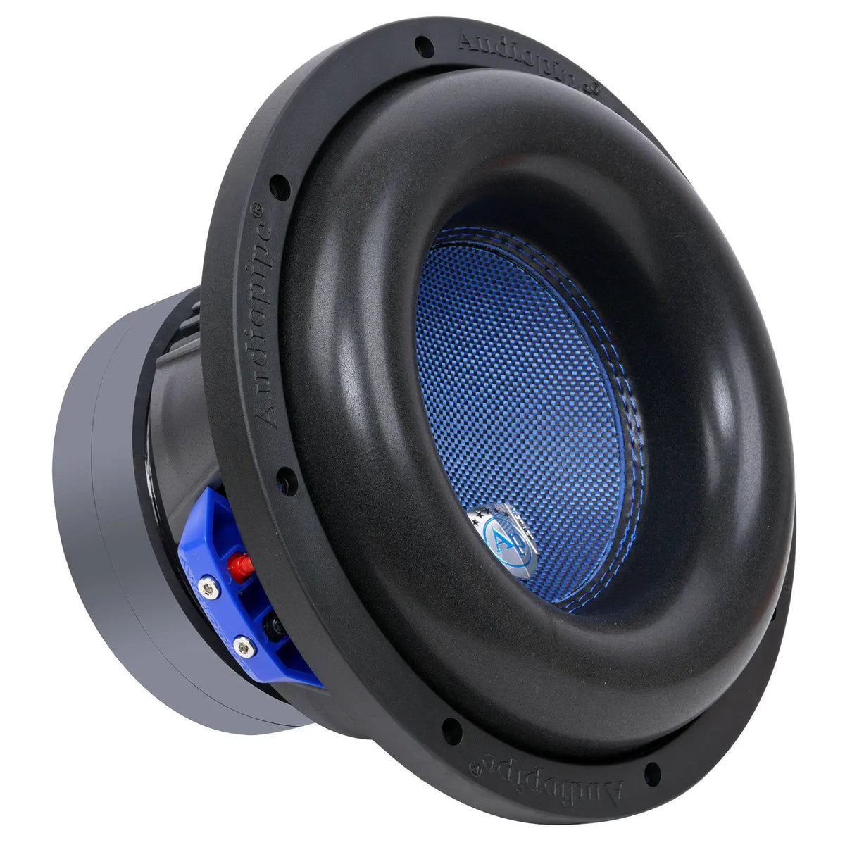 Audiopipe subwoofer with a blue cone and black surround, angled view