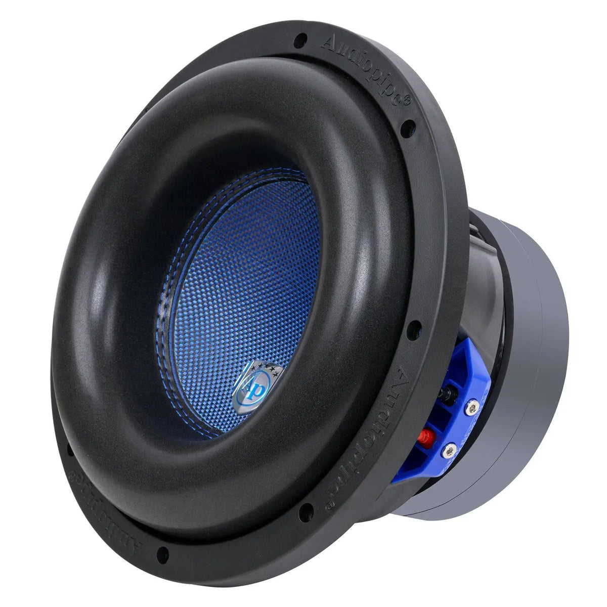 Audiopipe subwoofer viewed from the front and side, showing its blue cone and blue terminal block