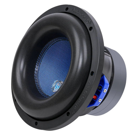 Audiopipe subwoofer viewed from the front and side, showing its blue cone and blue terminal block