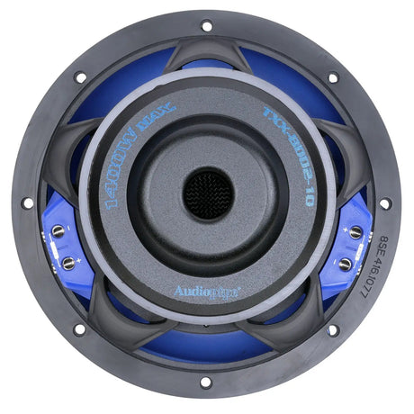 Rear view of an Audiopipe subwoofer showing the labeled magnet base and central vent